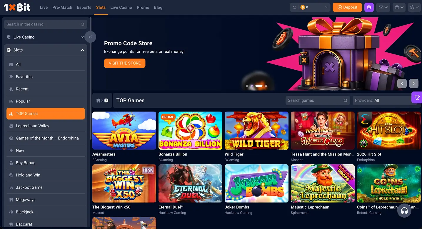 1xBit homepage showing the hybrid sportsbook-plus-casino interface and featured slots area