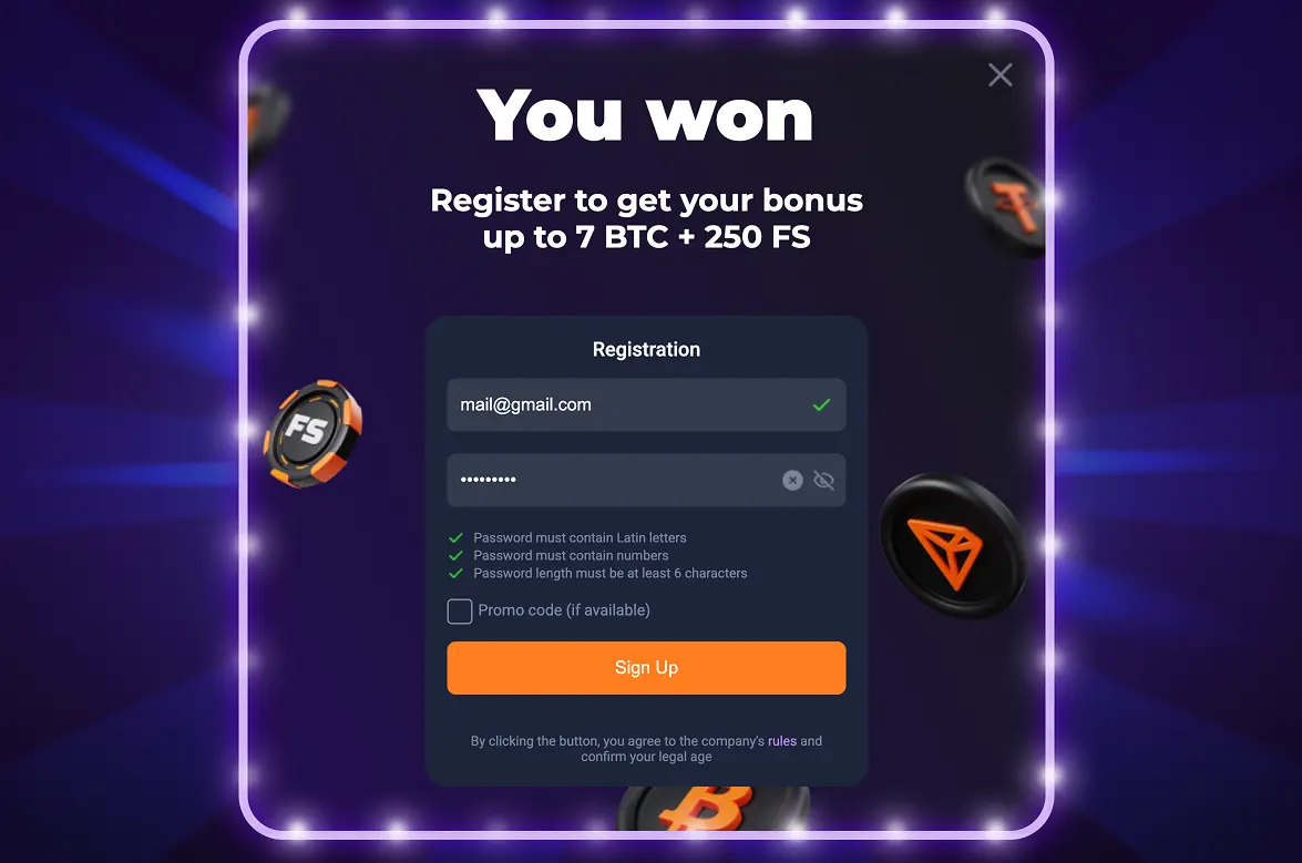 1xBit signup screen showing the up to 7 BTC plus 250 free spins welcome message and registration form