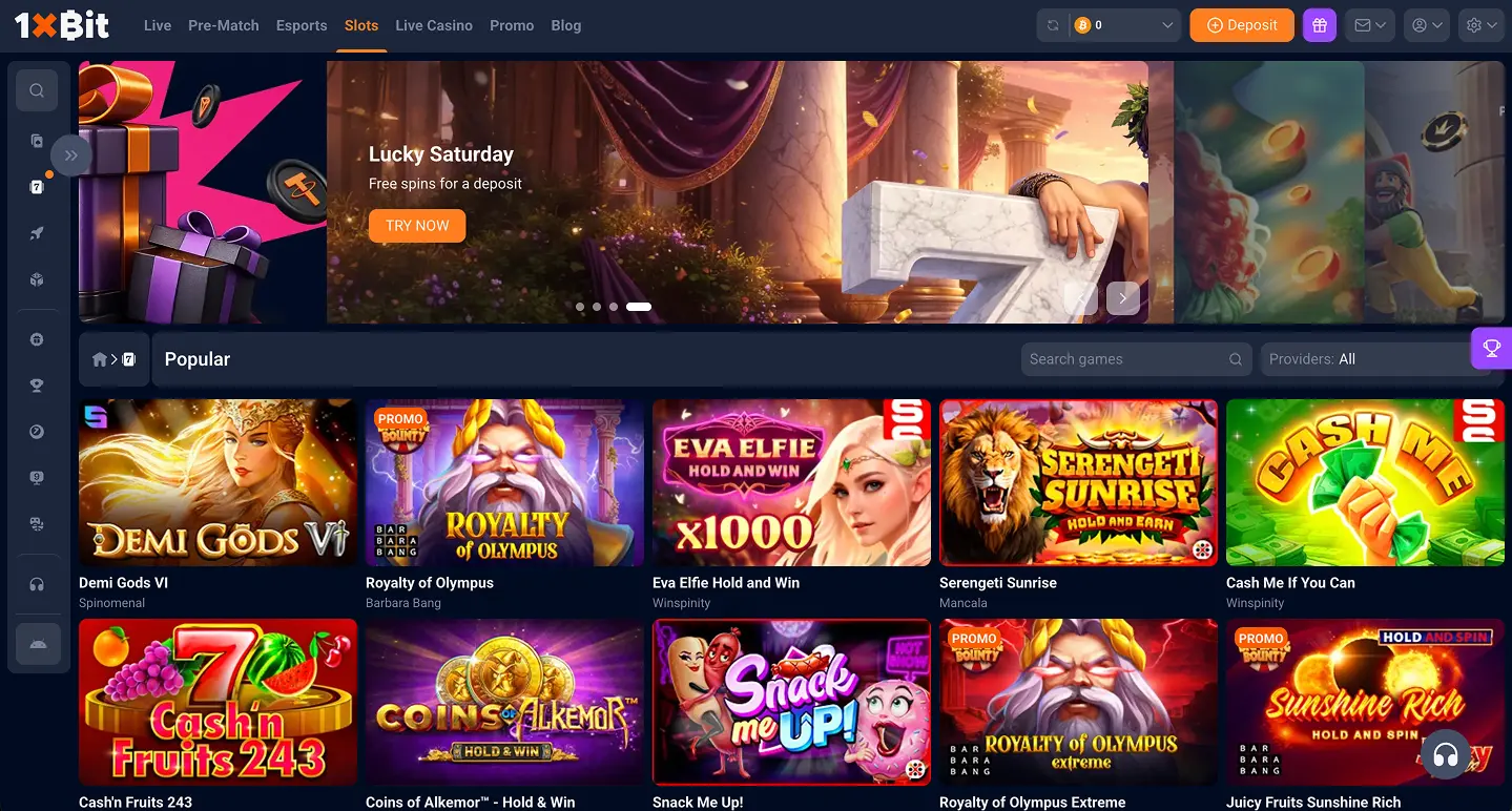 1xBit slots lobby with search bar, category menu, and featured game grid on desktop