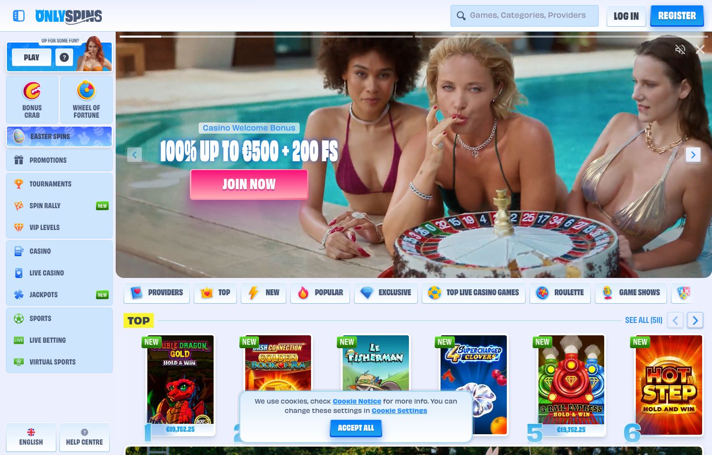 OnlySpins homepage showing the welcome hero, left navigation, and top games grid
