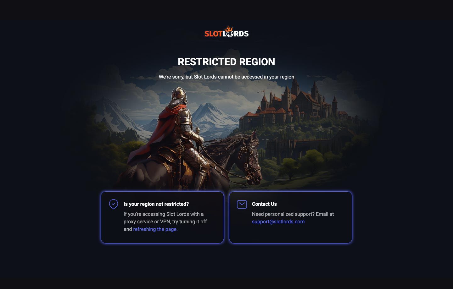 Slot Lords homepage showing the main hero, slots-led navigation, and featured games