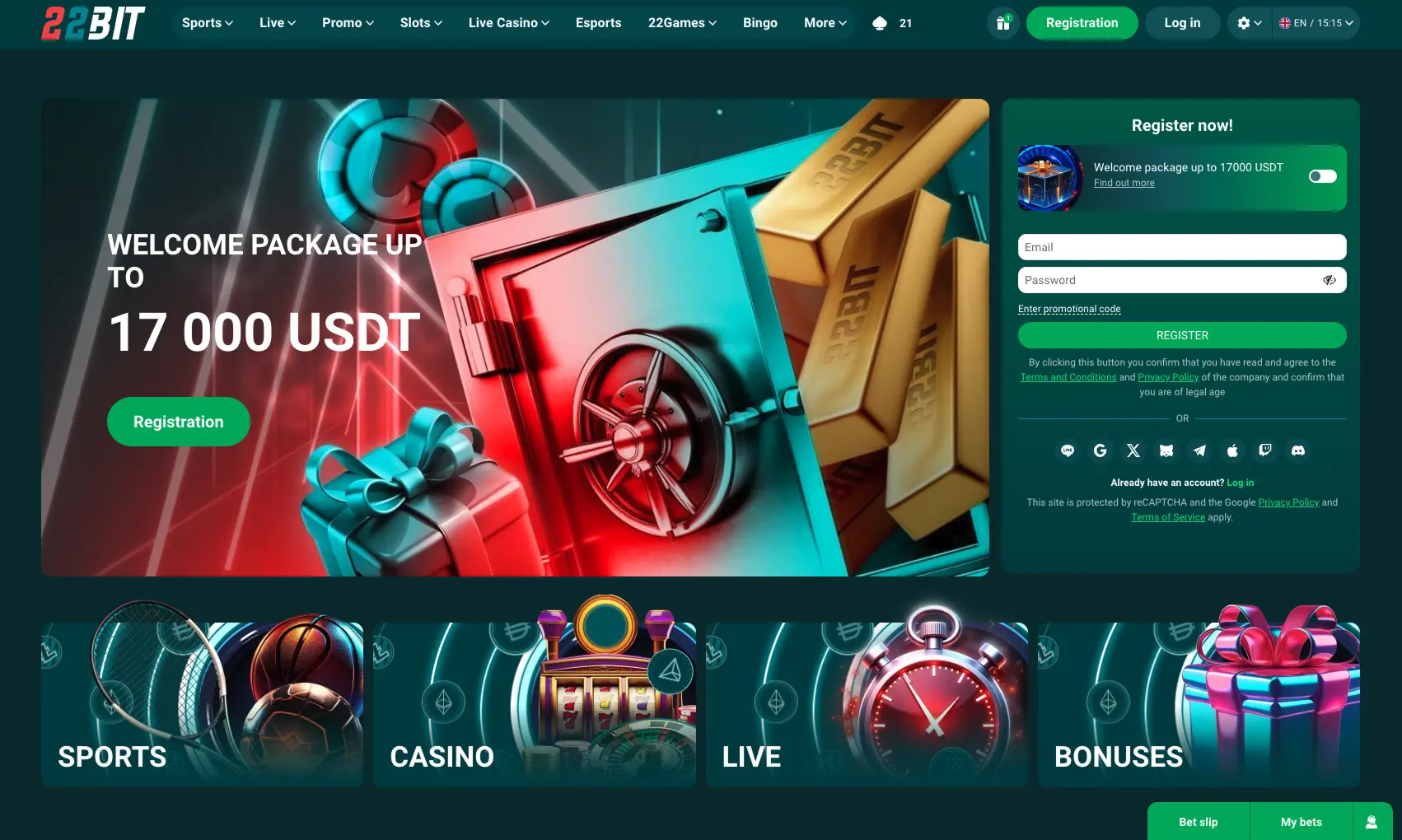22Bit homepage screenshot with welcome package banner and sportsbook-casino category tiles.