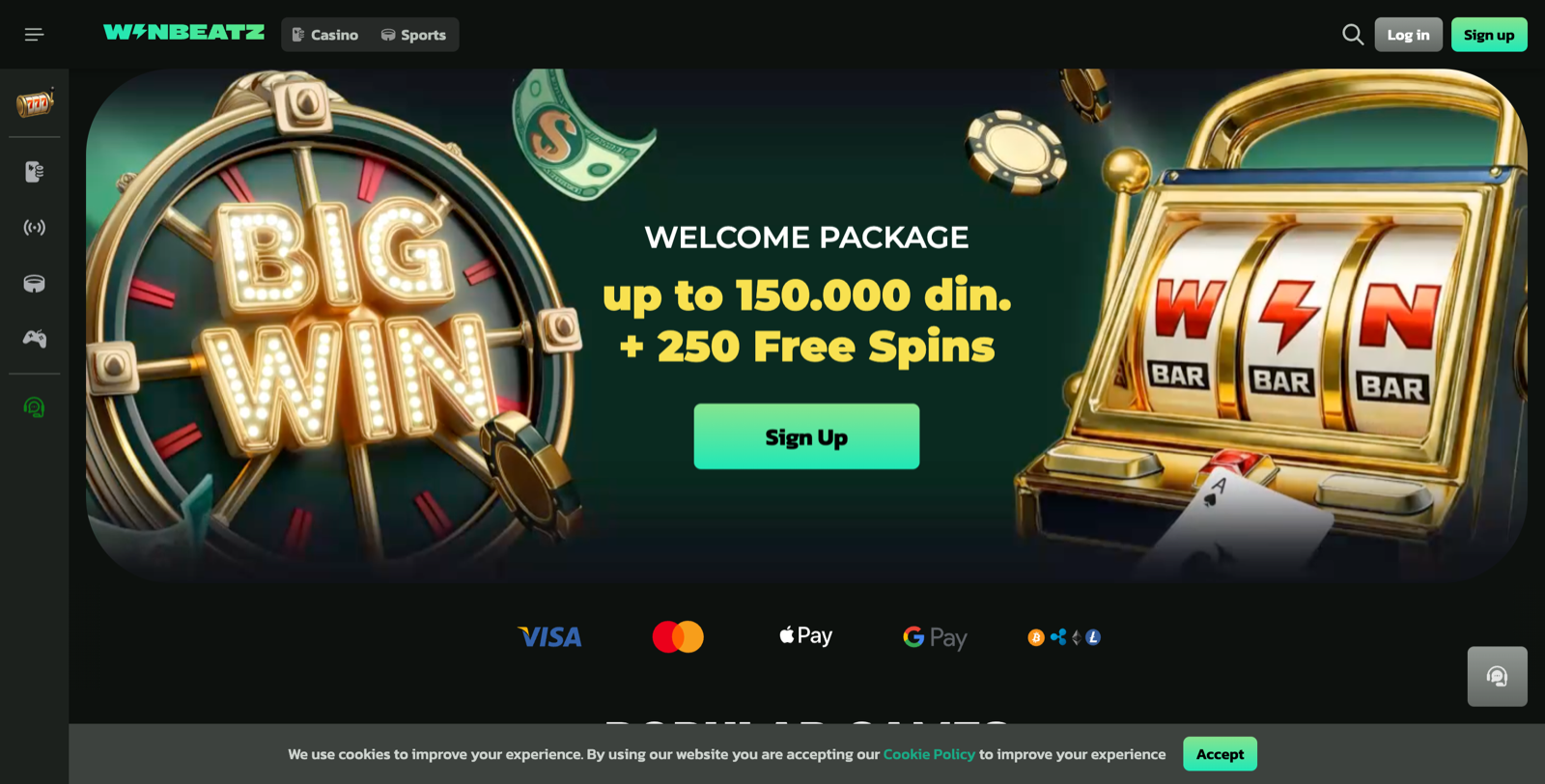 Winbeatz welcome package banner with payment icons below.