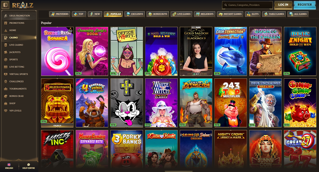 Realz games section showing the larger lobby, providers, and featured categories