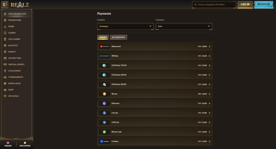 Realz payment section showing deposit routes, supported methods, and cashier notes