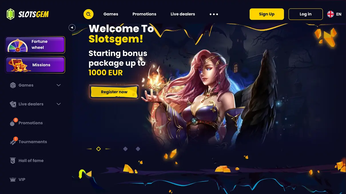 SlotsGem homepage showing the welcome hero, sign-up button, and left-side navigation with promotions and VIP sections